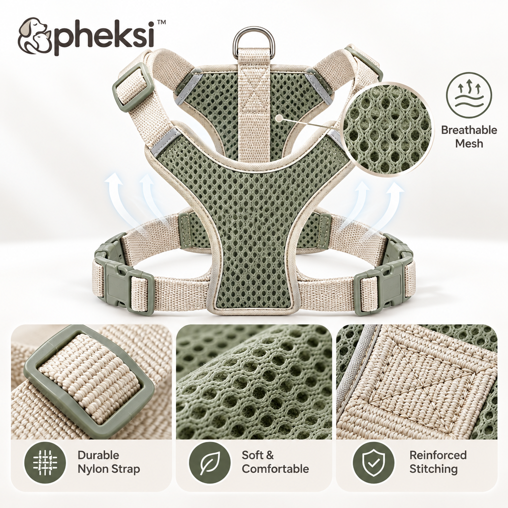 pheksi Adjustable Sage Green Mesh Dog Harness — Design details