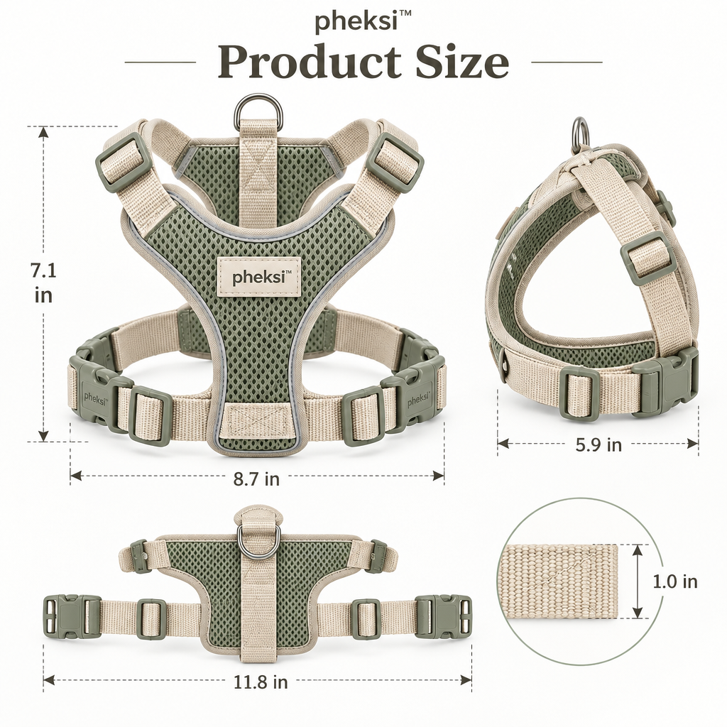 pheksi Adjustable Sage Green Mesh Dog Harness — Size guide