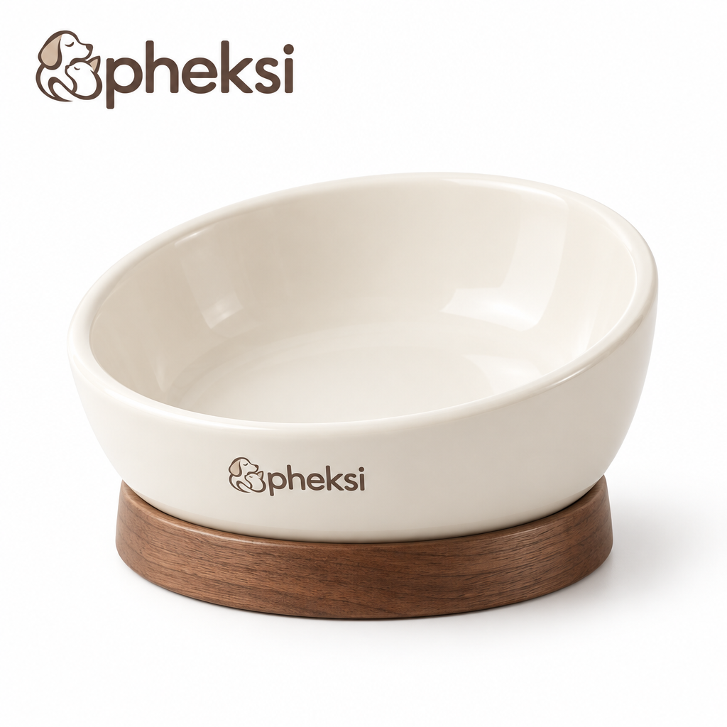 pheksi White Angled Pet Bowl with Wood-Look Base — Product overview