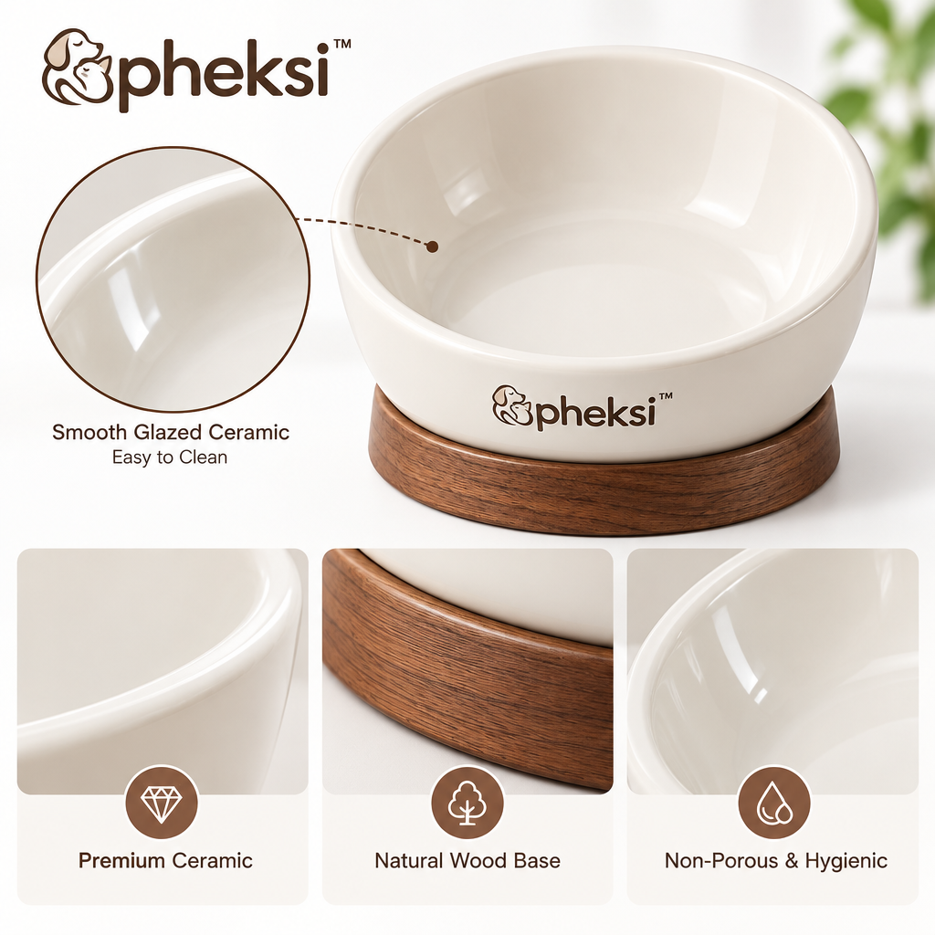 pheksi White Angled Pet Bowl with Wood-Look Base — Design details