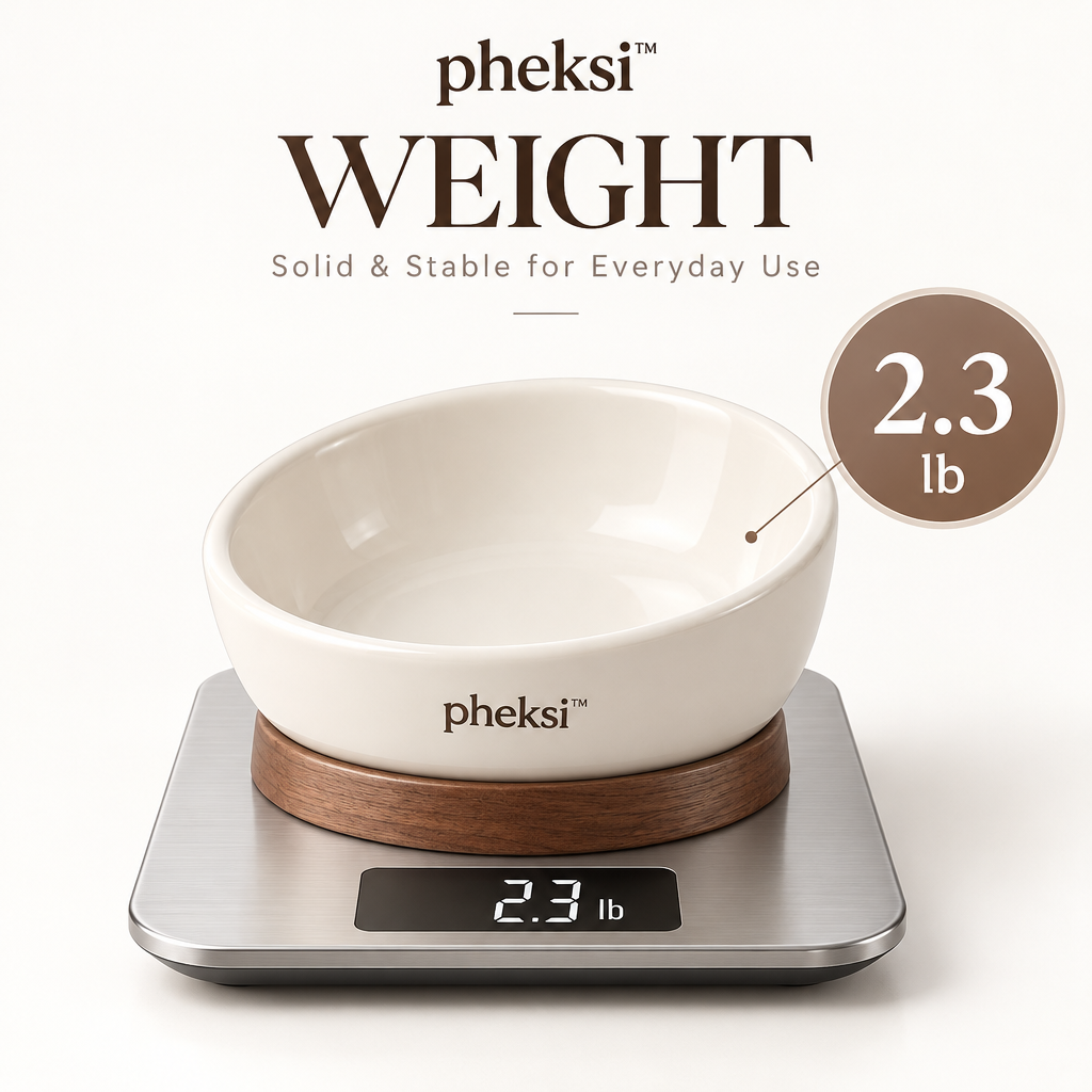pheksi White Angled Pet Bowl with Wood-Look Base — Weight guide