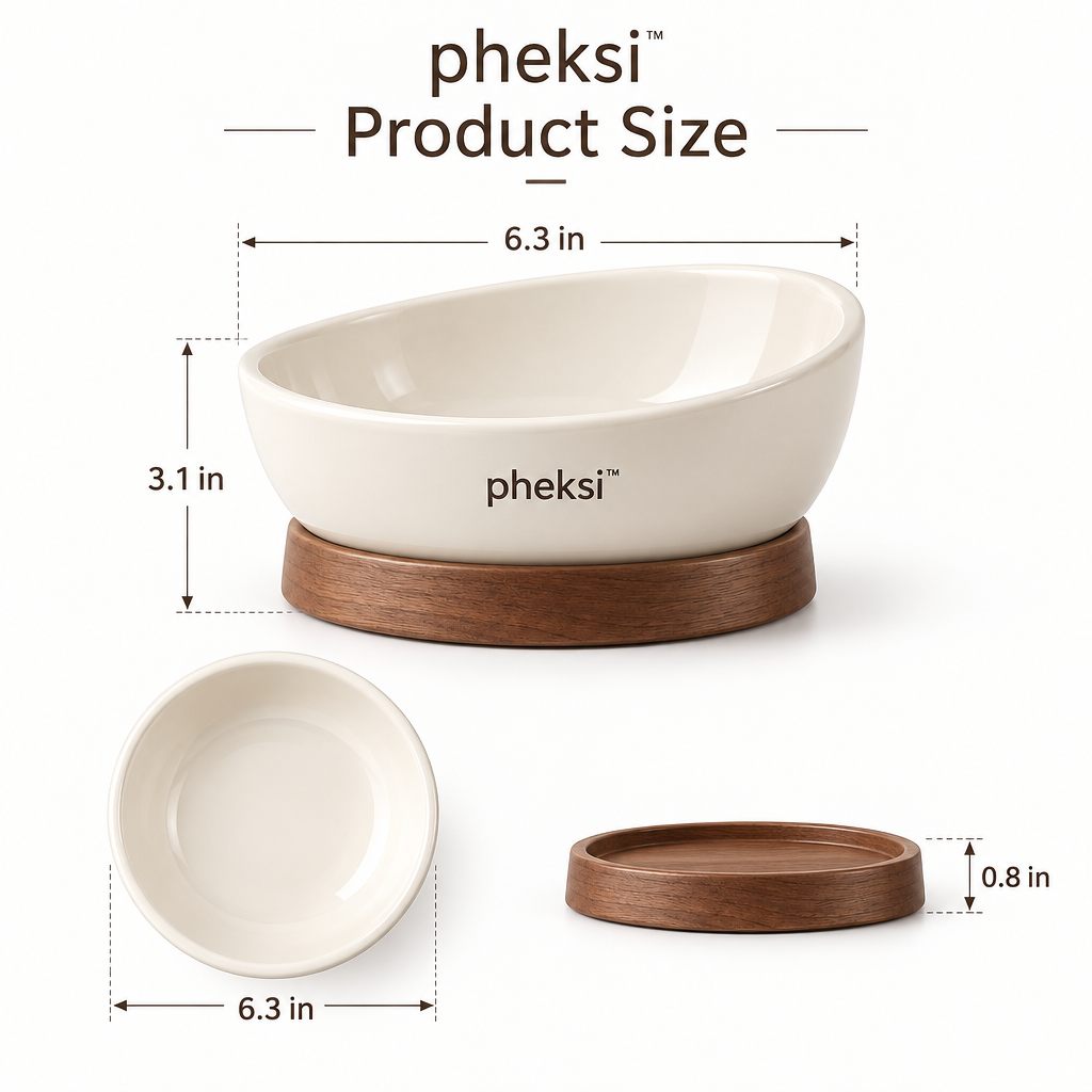 pheksi White Angled Pet Bowl with Wood-Look Base — Size guide