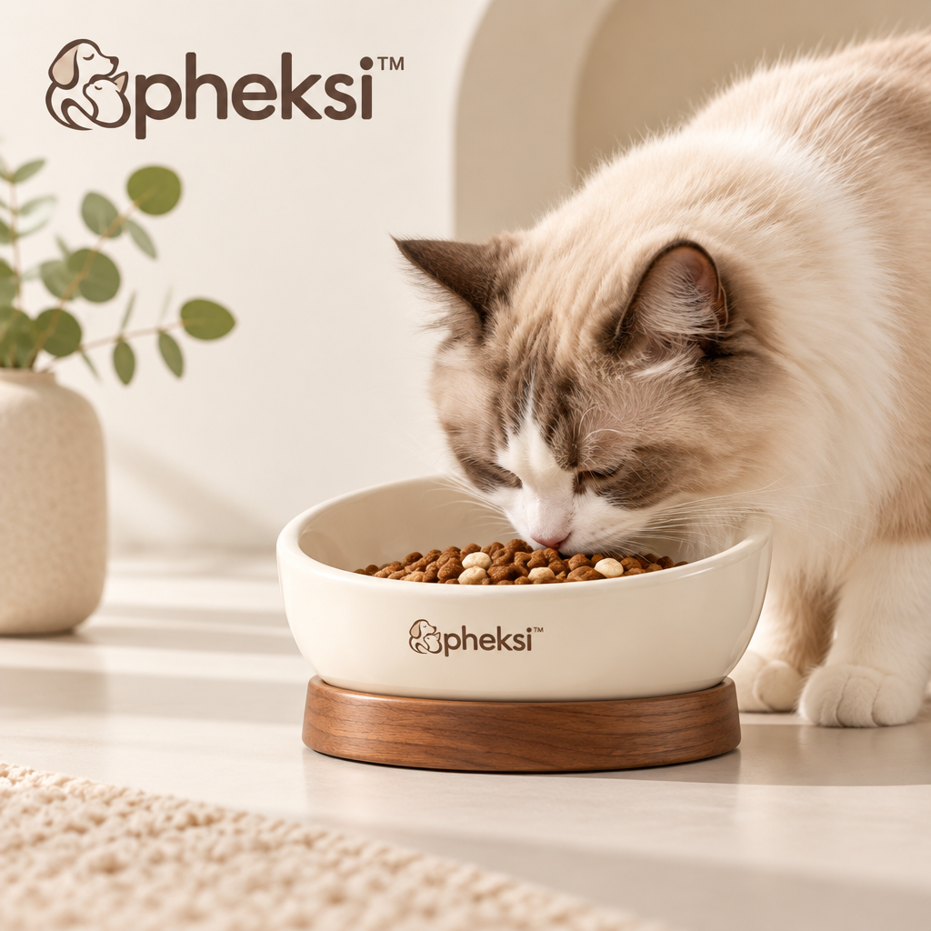 pheksi White Angled Pet Bowl with Wood-Look Base — In everyday life