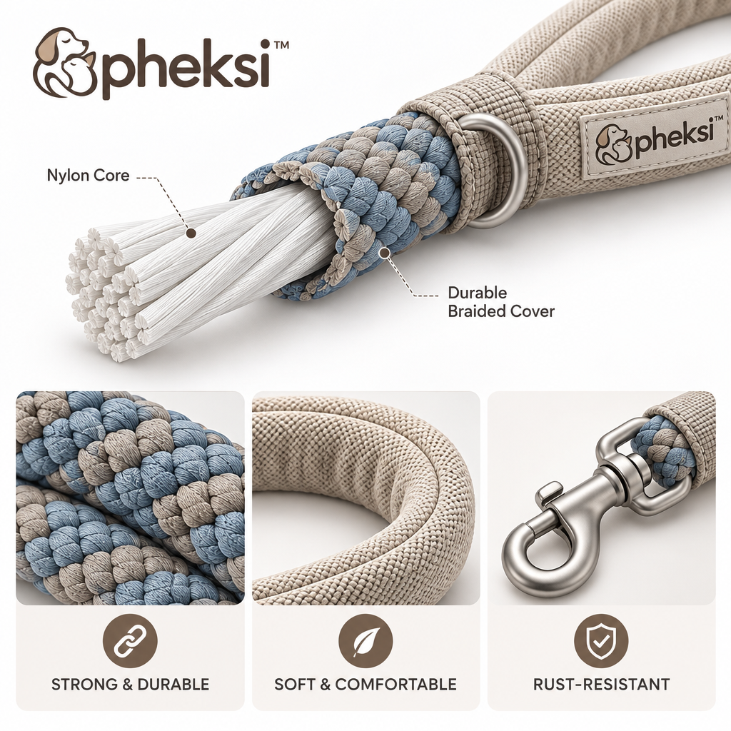 pheksi Blue & Beige Braided Rope Dog Leash — Design details