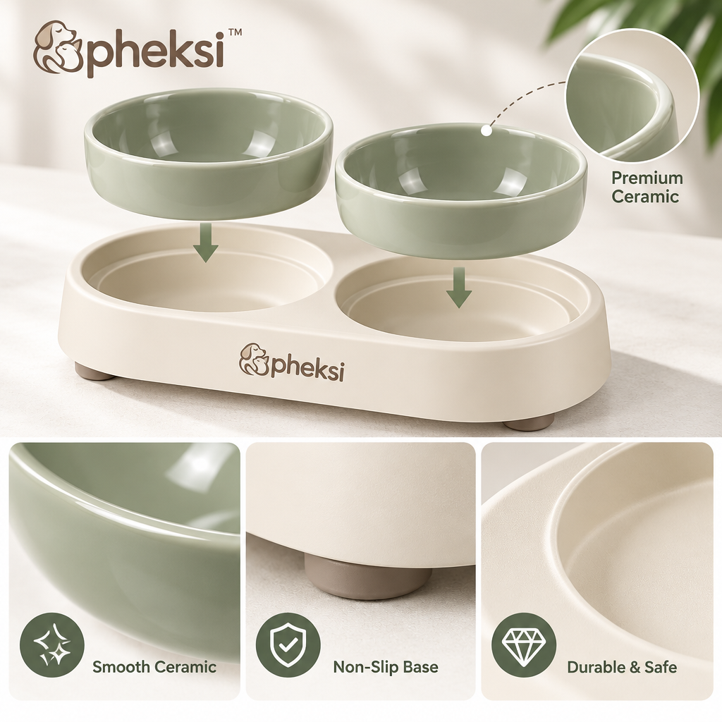 pheksi Sage Green Double Pet Bowl Set with Stand — Design details