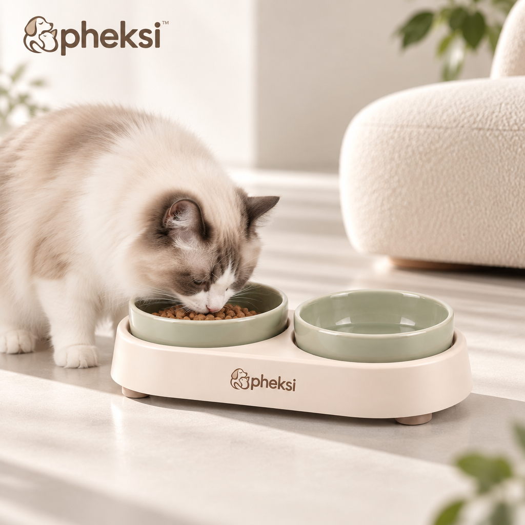 pheksi Sage Green Double Pet Bowl Set with Stand — In everyday life