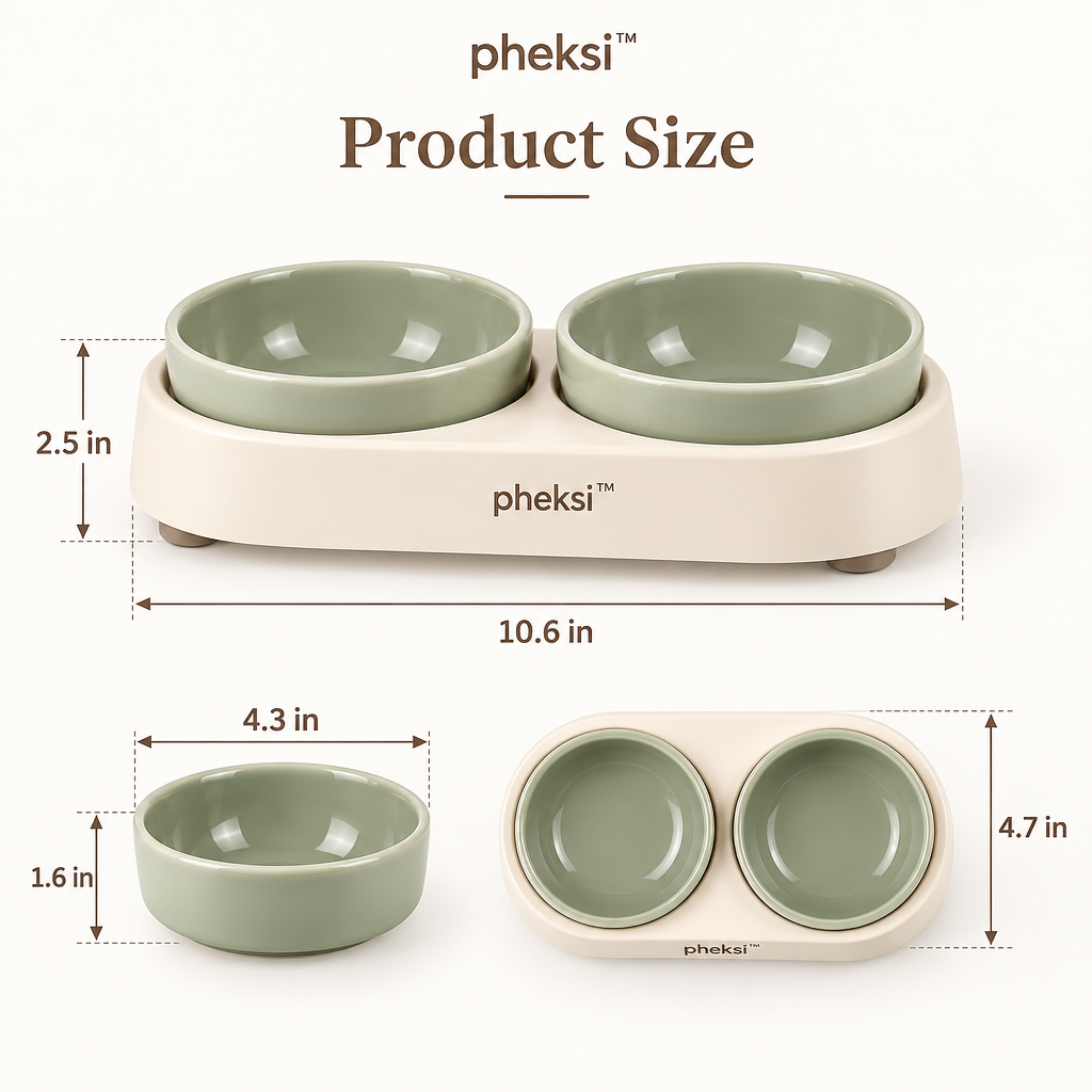 pheksi Sage Green Double Pet Bowl Set with Stand — Size guide